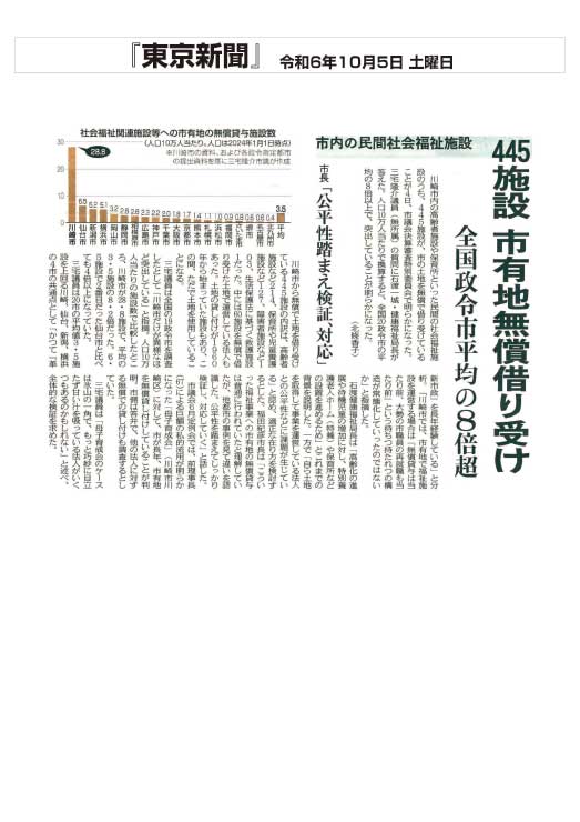 東京新聞445施設 市有地無償借り受け